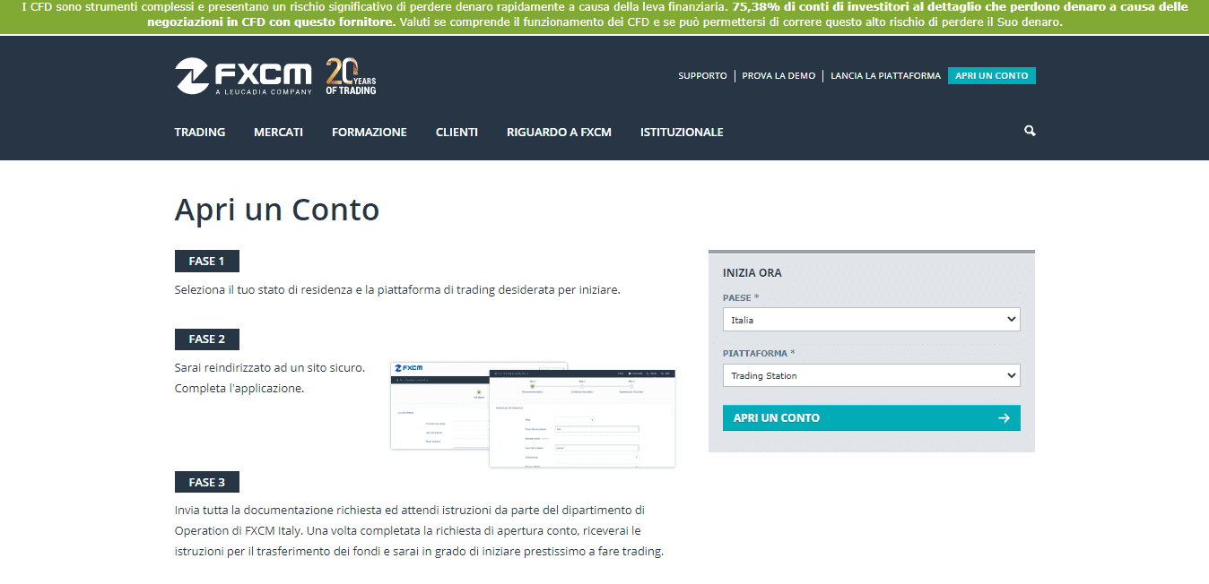 Pagina di apertura del conto con FXCM Pagina di apertura del conto con FXCM